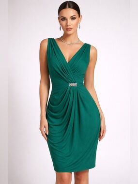 NWT Ralph Lauren Green V-Neck Ruched Midi Dress Lined Silky Drape Womens Large